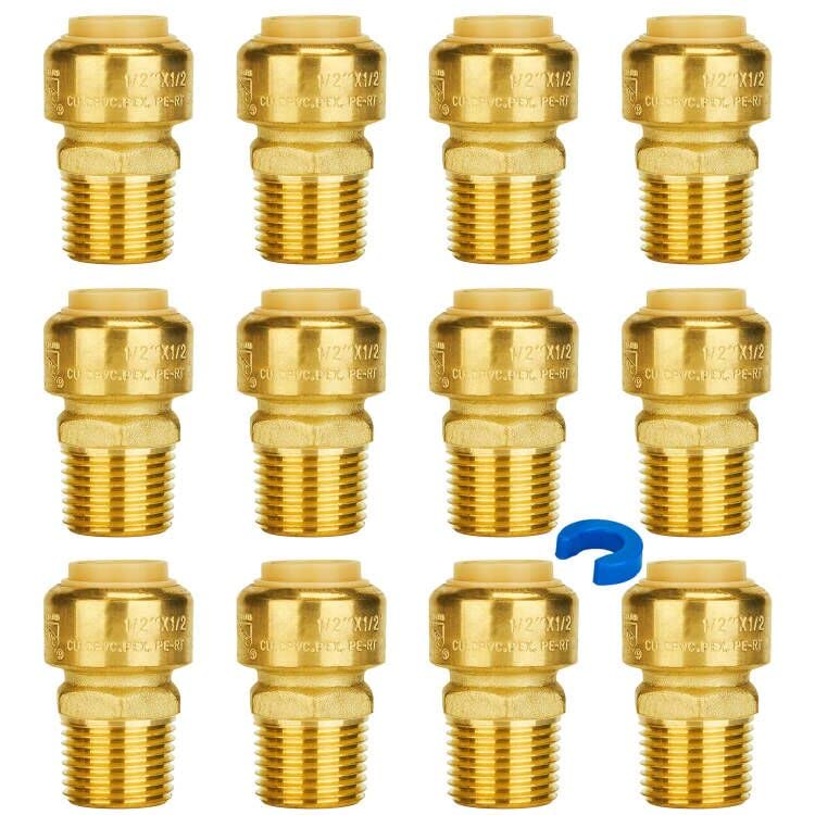SUNGATOR 1/2 Inch Male Adapter, 1/2 Inch MNPT Adapter, No Lead Brass Push-to-Connect Plumbing Fittings for Pex Pipe, Copper, CPVC, with 1 Disconnect Clip, Pack of 12 - Image 1